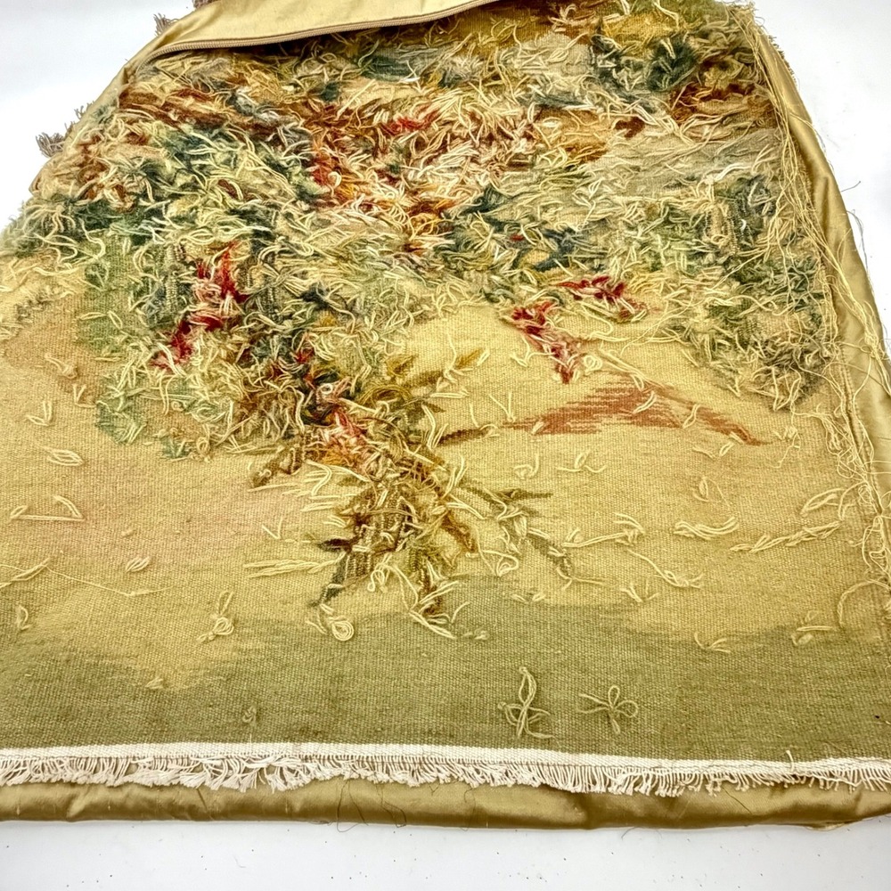 Vintage Handwoven Aubusson Pillow Cover 24x24 Wool Pheasant Floral Gold Fringe - Picture 9 of 16